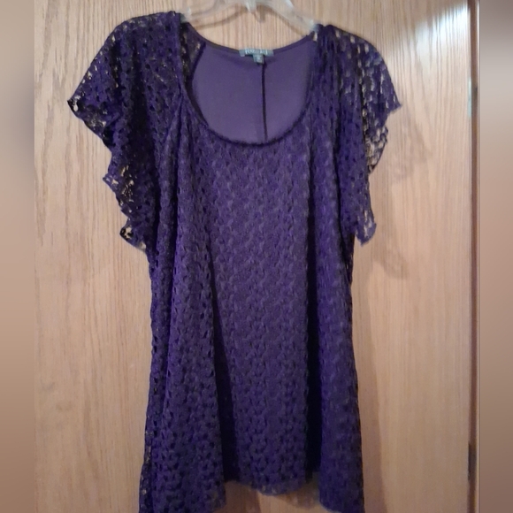 Roz & Ali Crochet Lace Knit Top  Woman 1X Purple Lined Cottagecore Sheer Sleeve - Picture 1 of 5